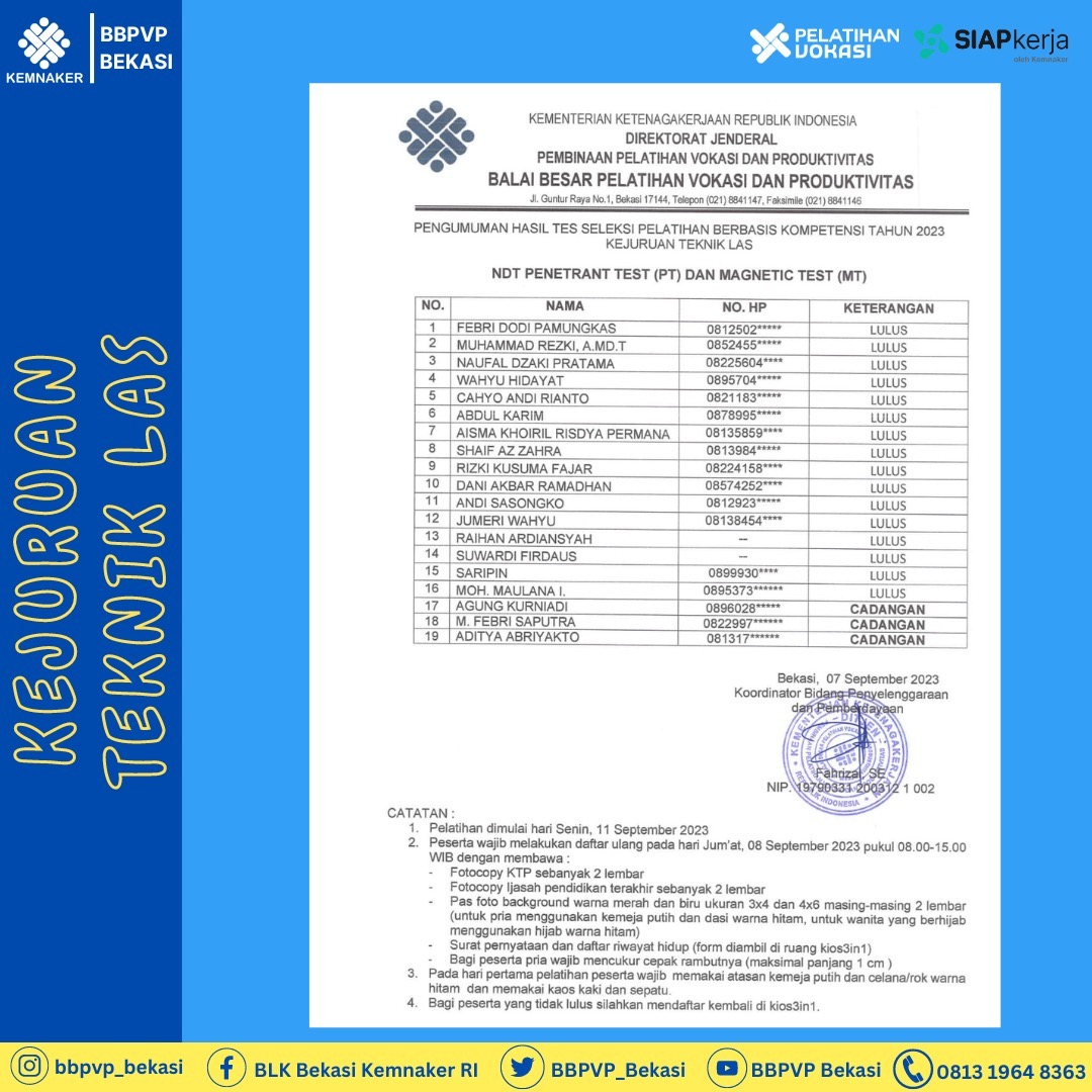 Pengumuman Kelulusan PBK NDT Penetrant Test (PT) dan Magnetic Test (MT)