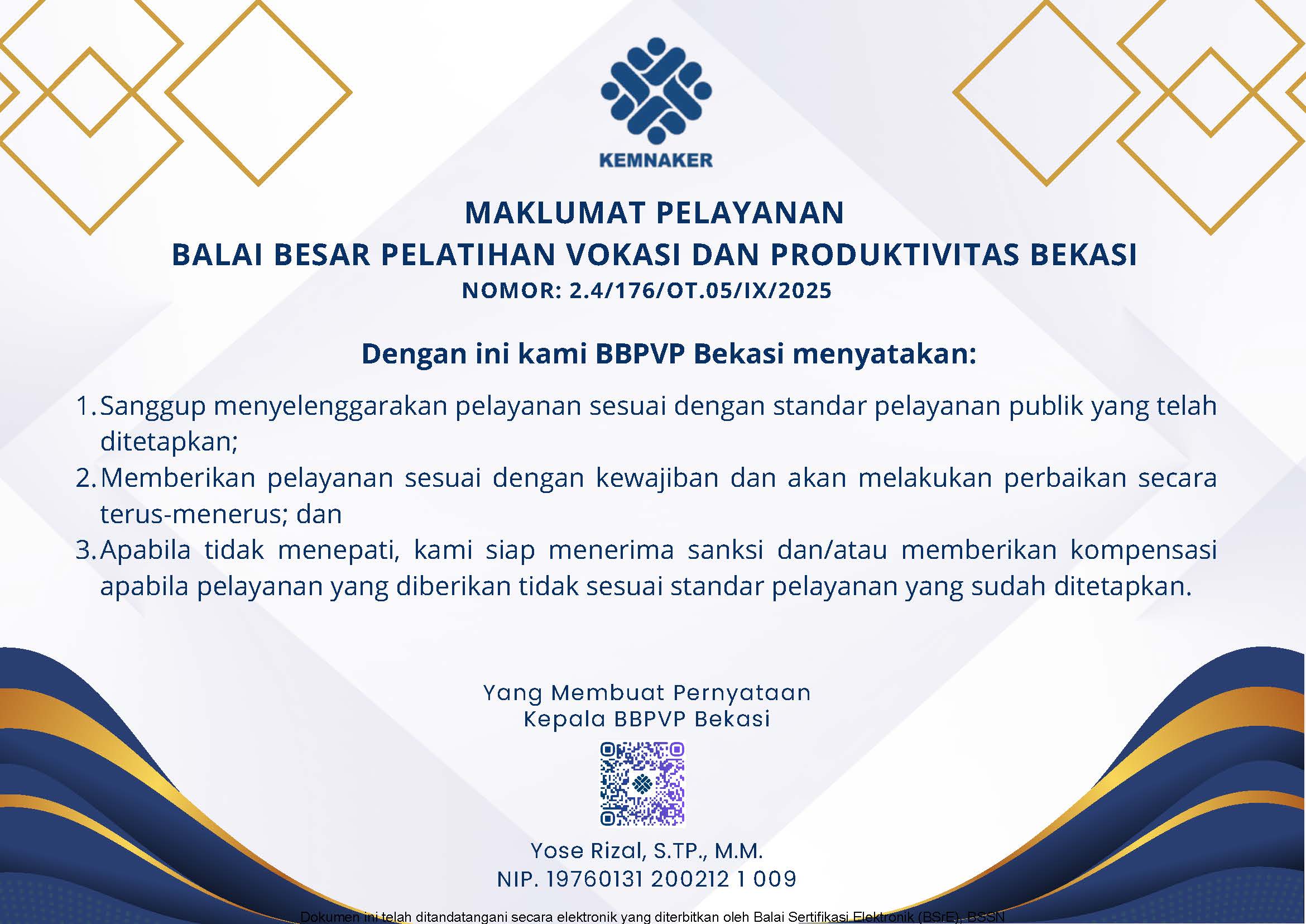 Maklumat Pelayanan Balai Besar Pelatihan Vokasi dan Produktivitas Bekasi